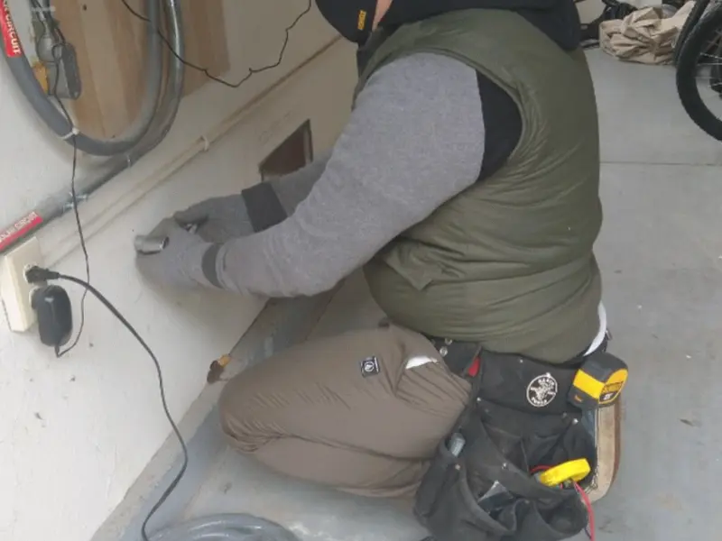 Electrician performing outlet wiring in a Arundel garage
